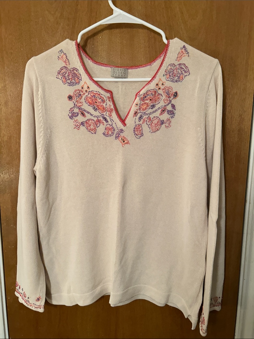 Sigrid Olsen Cream V-Neck Sweater with Pink & Purple Floral Embroidery. L
